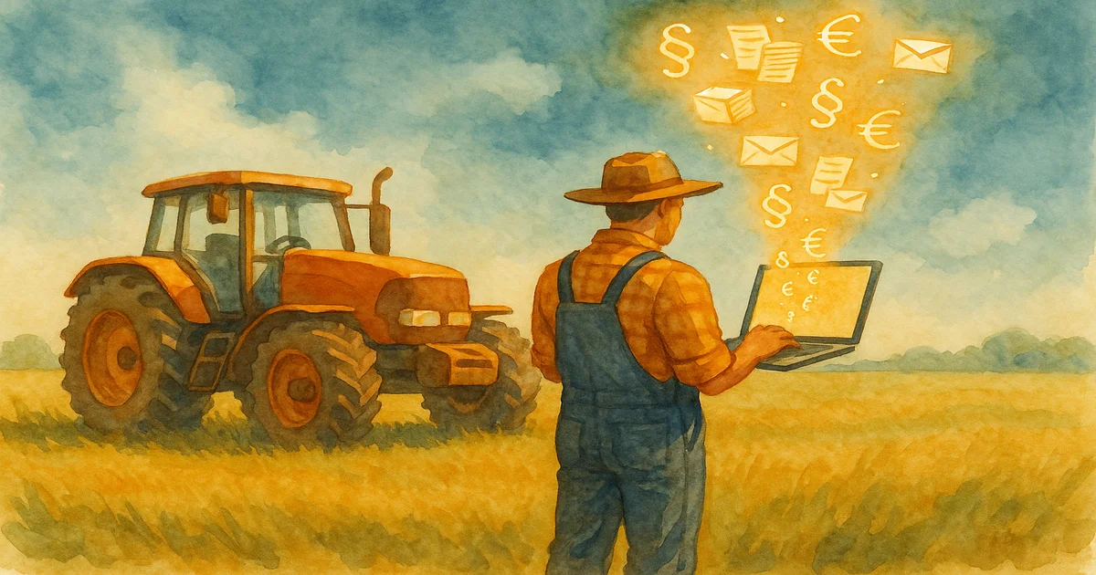 Landwirt von hinten neben einem großen Traktor auf einem Getreidefeld, hält einen Laptop in den Händen, aus dem Paragraphenzeichen, Eurozeichen und Briefumschläge in die Luft steigen – Symbol für Bürokratie, die Landwirte von ihrer eigentlichen Arbeit abhält