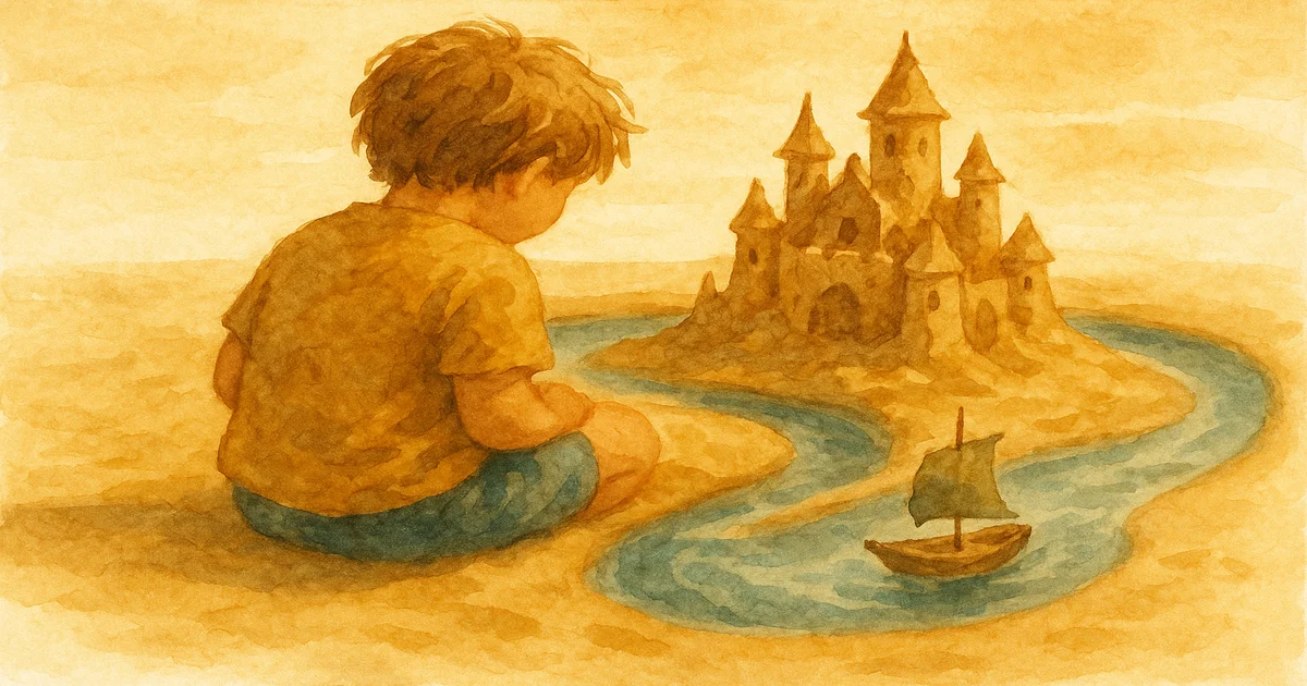 Kind von hinten am Strand baut eine Sandburg mit Wassergraben, ein Schiff aus Pappe und Ästen liegt darin, Wasserfarben-Stil in Amber und Teal
